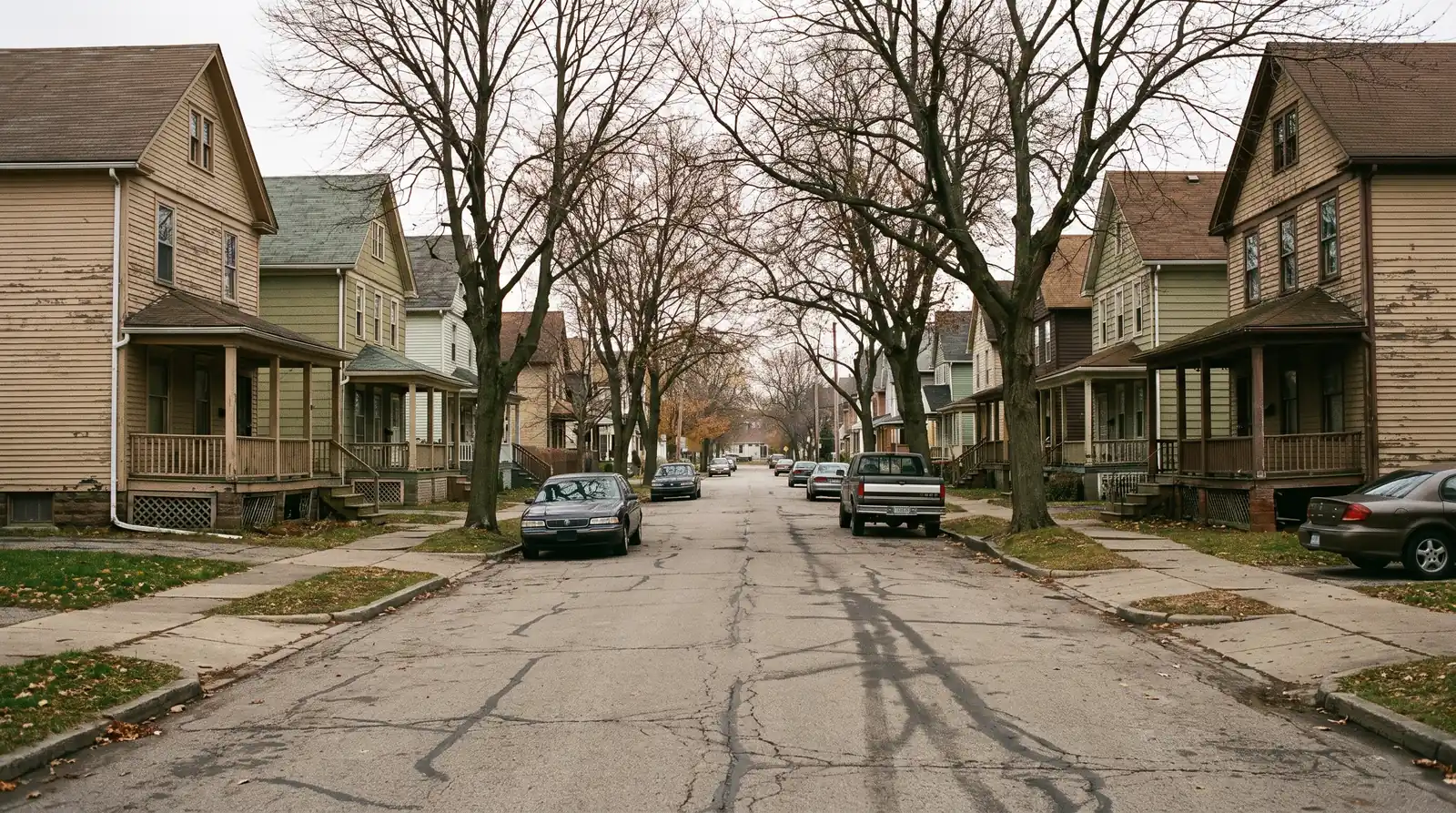 An ordinary residential street of modest wooden houses in Cleveland under low autumn light.