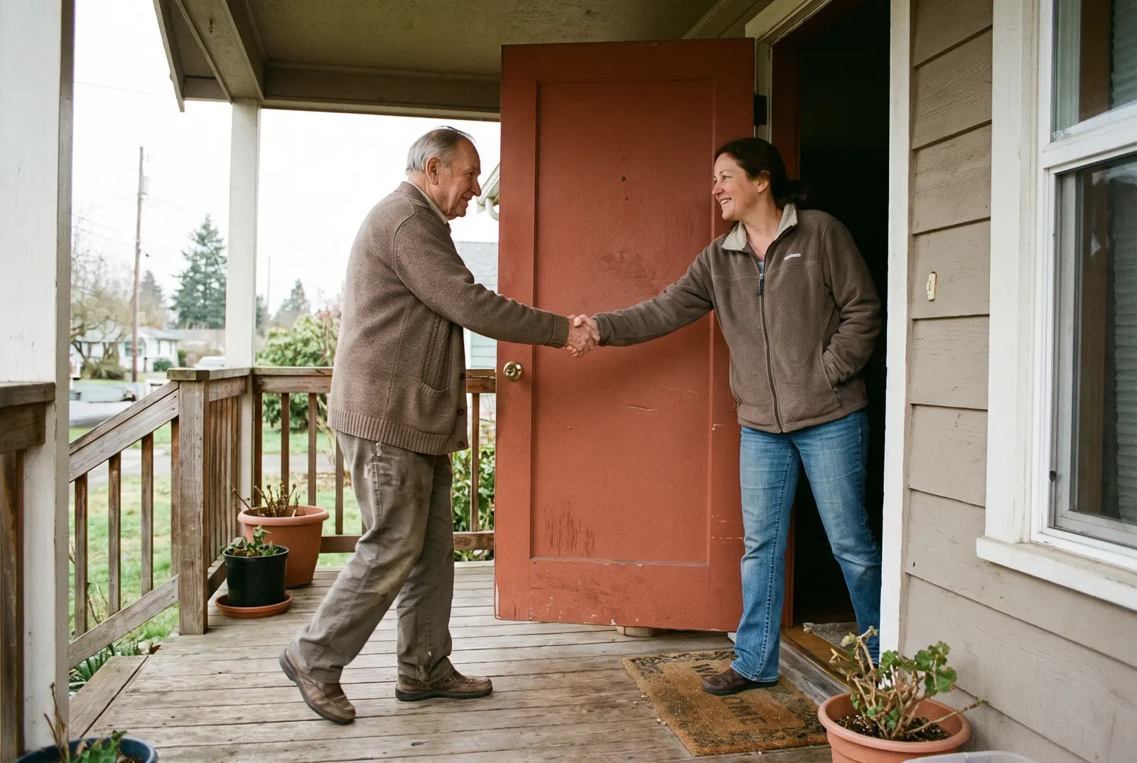 Someone in a plain cardigan being greeted at the front door of a modest house, both in mid-motion.