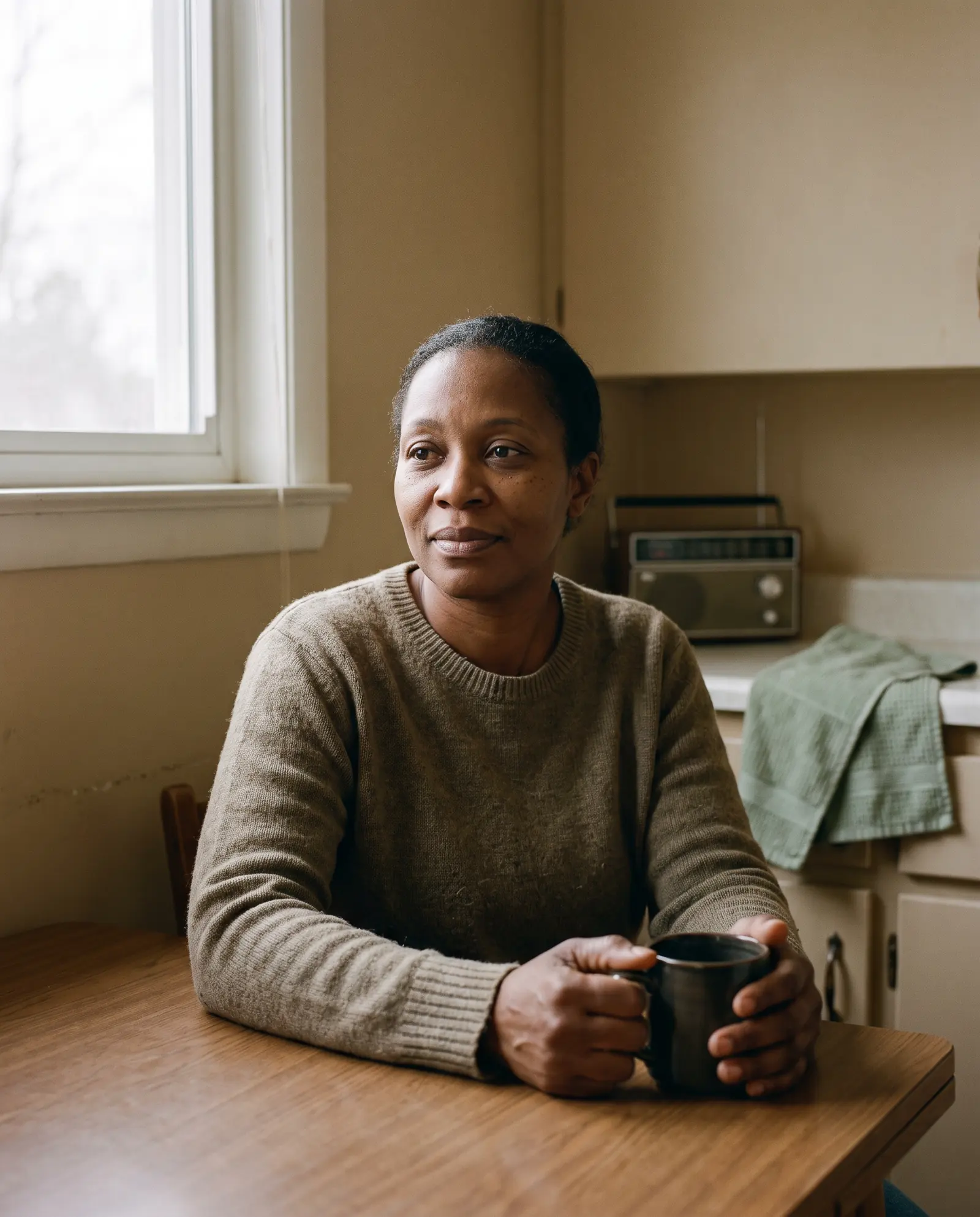 A woman in her forties sitting at a kitchen table with a mug in both hands, looking past the camera in soft morning light.