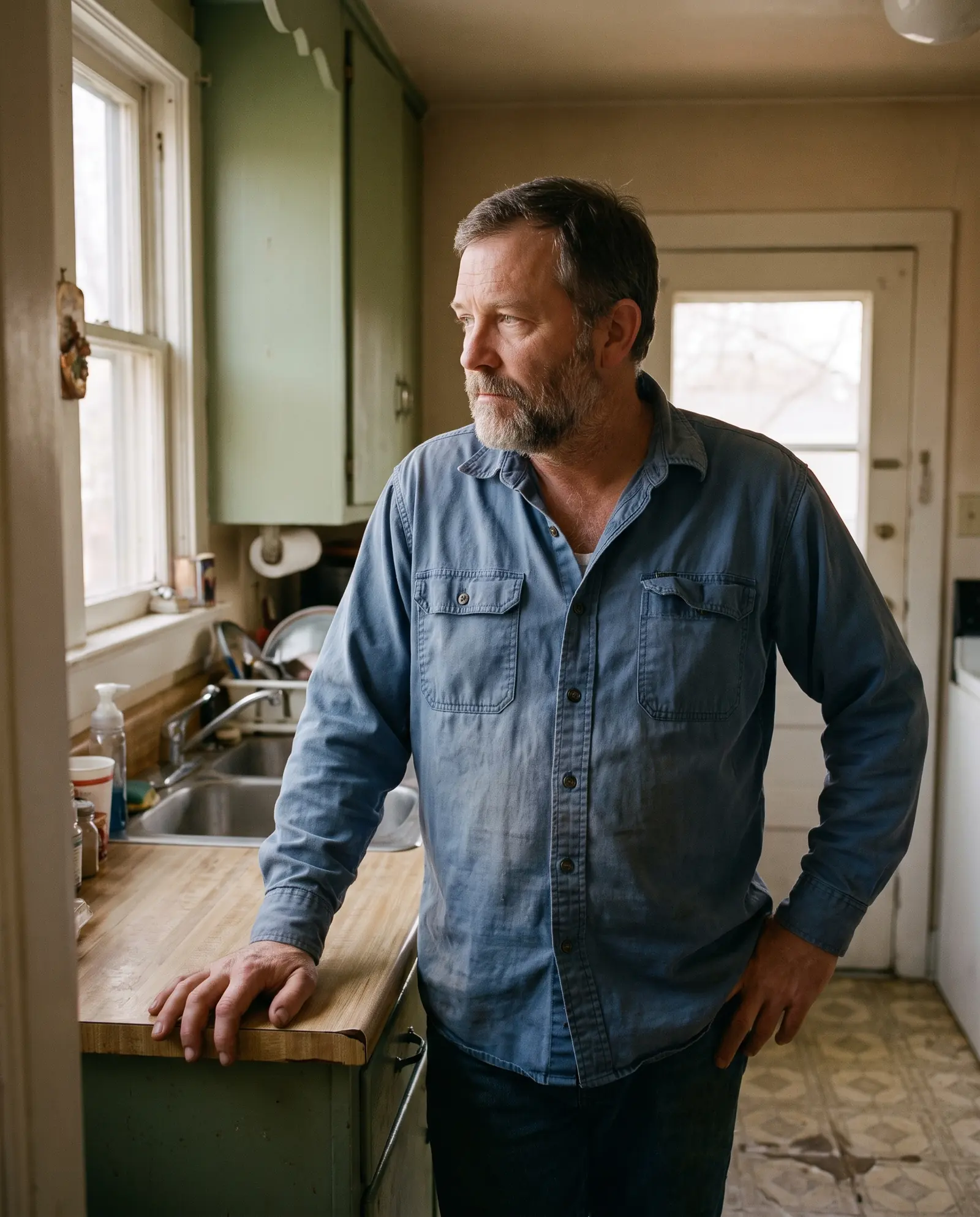 A man in his fifties standing in a small kitchen, one hand on the counter, looking toward a window.