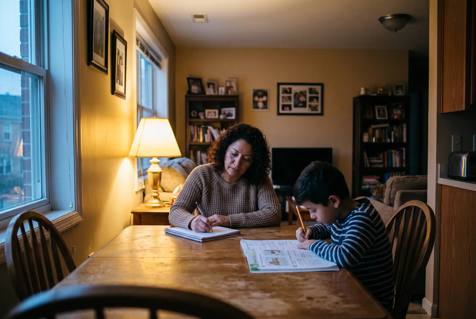 A woman writing in a notebook at a dining table in the evening, a school-age child beside her doing homework.