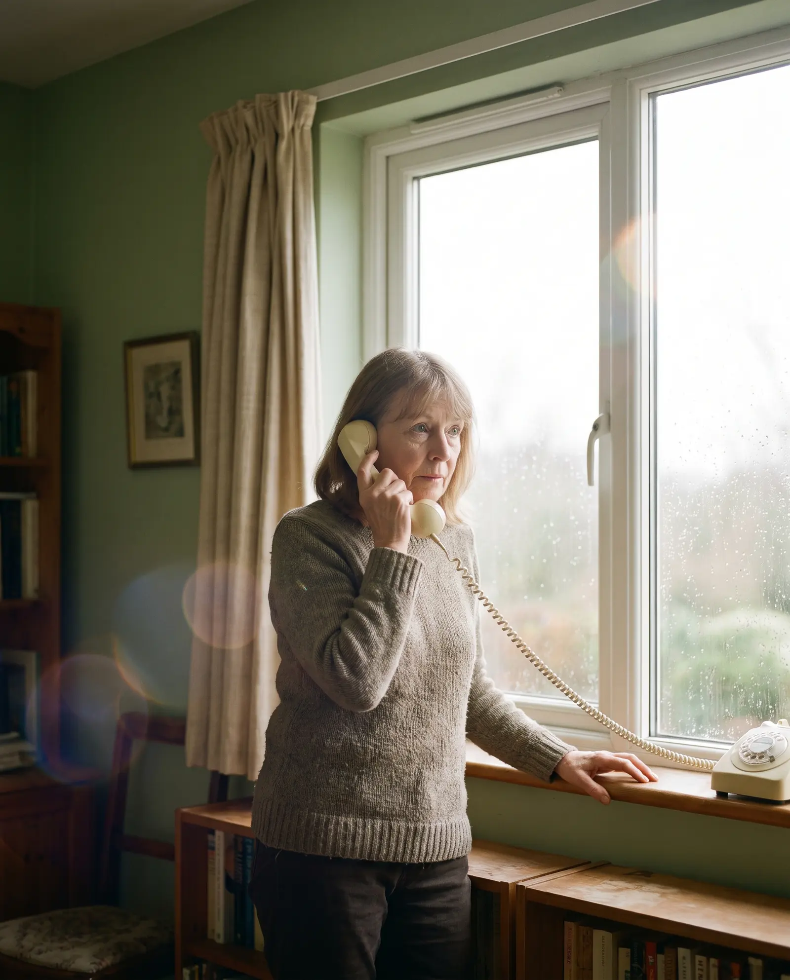 A woman standing at a window with a phone to her ear, mid-conversation, backlit by soft daylight.