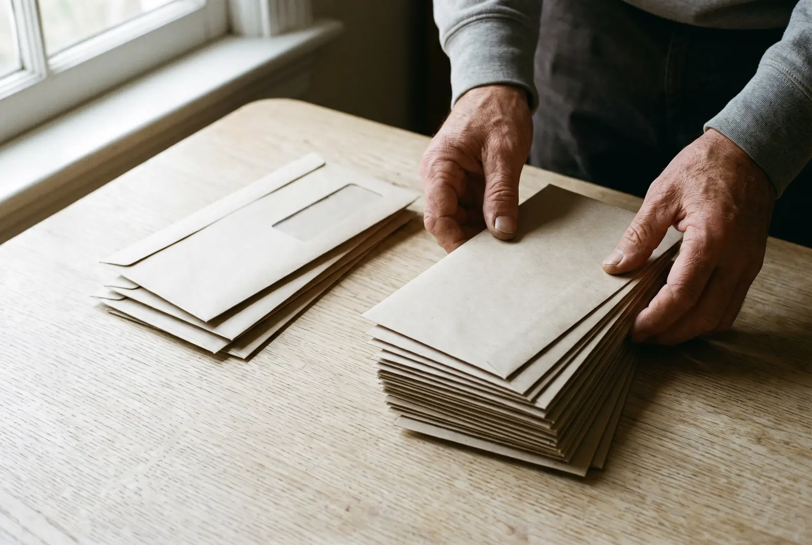Hands sorting unopened window envelopes into two piles on a pale table.