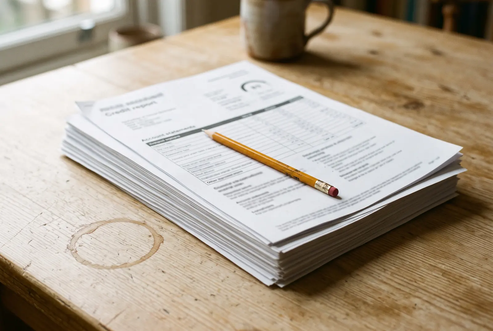 A stack of printed report pages and statements on a pale table, a pencil laid across the top sheet.