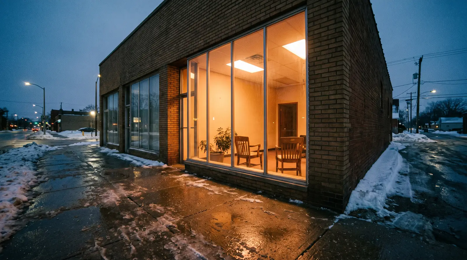A modest neighbourhood storefront office at dusk seen from the sidewalk, warm light spilling through the glass onto wet pavement.