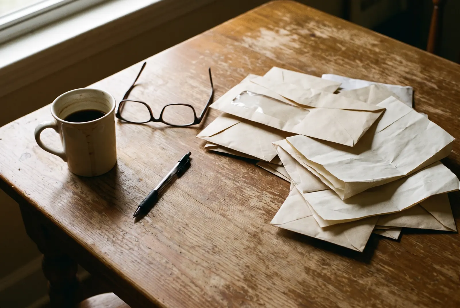 Opened window envelopes and folded letters pushed to one side of a worn kitchen table beside a half-finished mug of coffee.