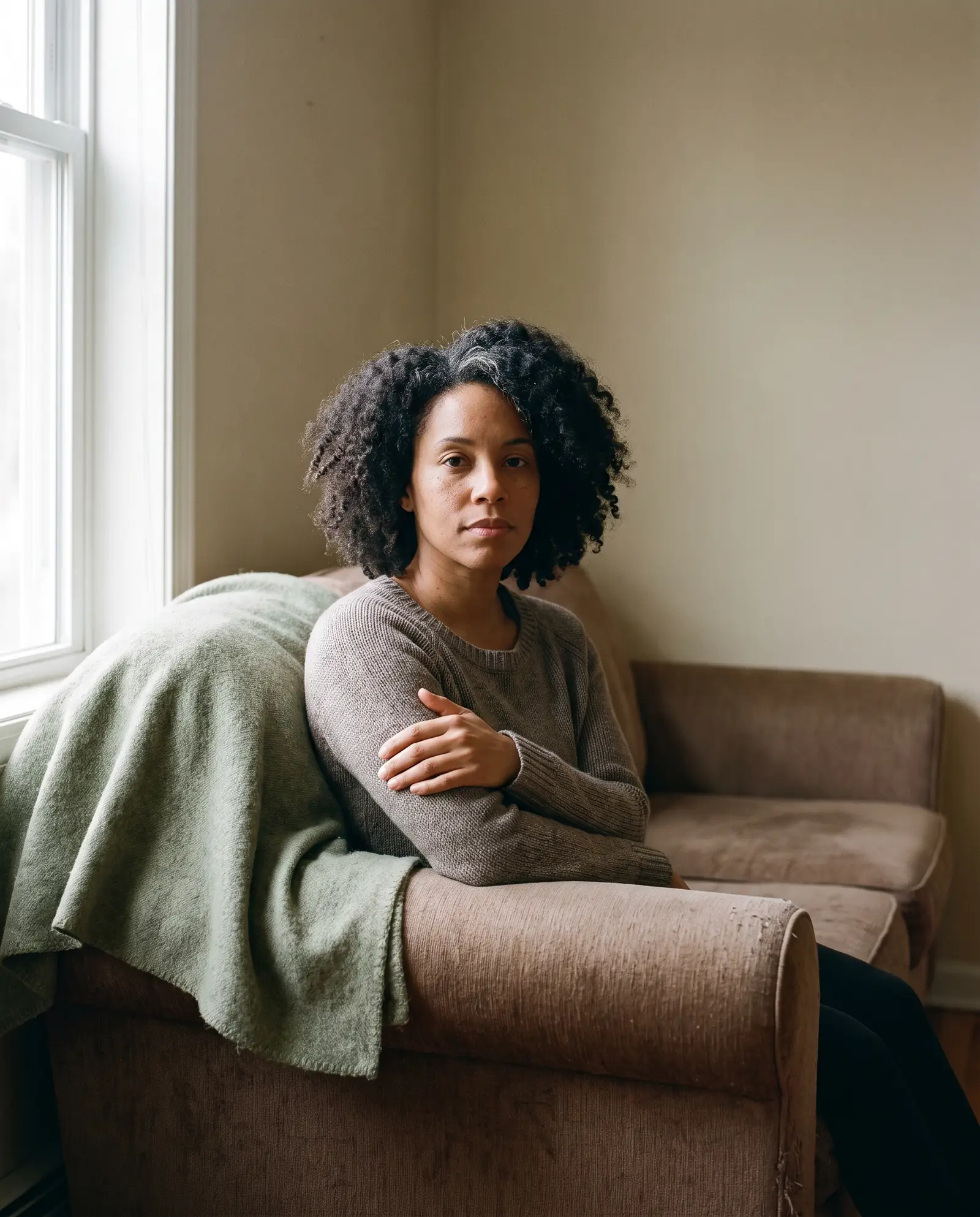 A woman in her late thirties sitting sideways on a worn sofa, arms folded loosely, looking directly at the camera.